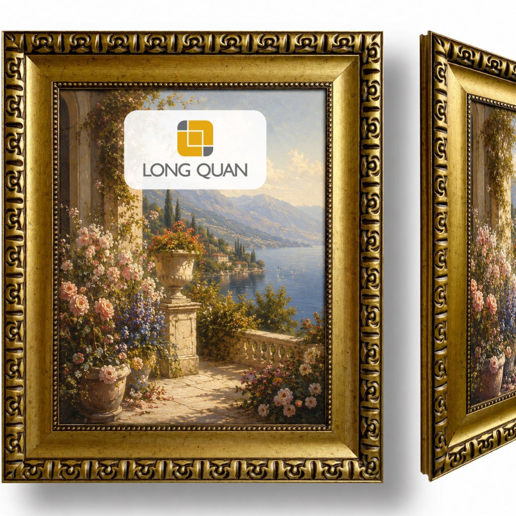 Khung Tranh Tự Lắp Ghép, Không Tranh Không Kính, Nhựa PS, Bản 8.2cm, Canvas Sơn Dầu Số Hóa, Giả Cổ Gold Đen LONG QUAN
